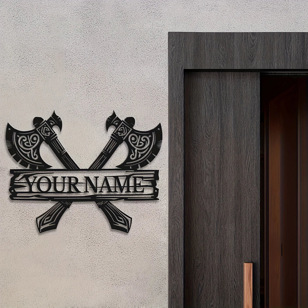 Personalized Viking Name Plaque - Custom Viking Warrior Decor with Add-your-name, Heavy-Duty Iron Viking Age Decoration