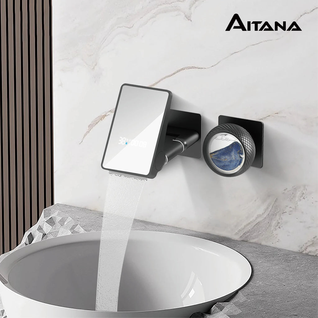 Minimalist black brass LED digital display wall mounted basin faucet with embedded hot&cold water 2-hole waterfall bathroom Tap