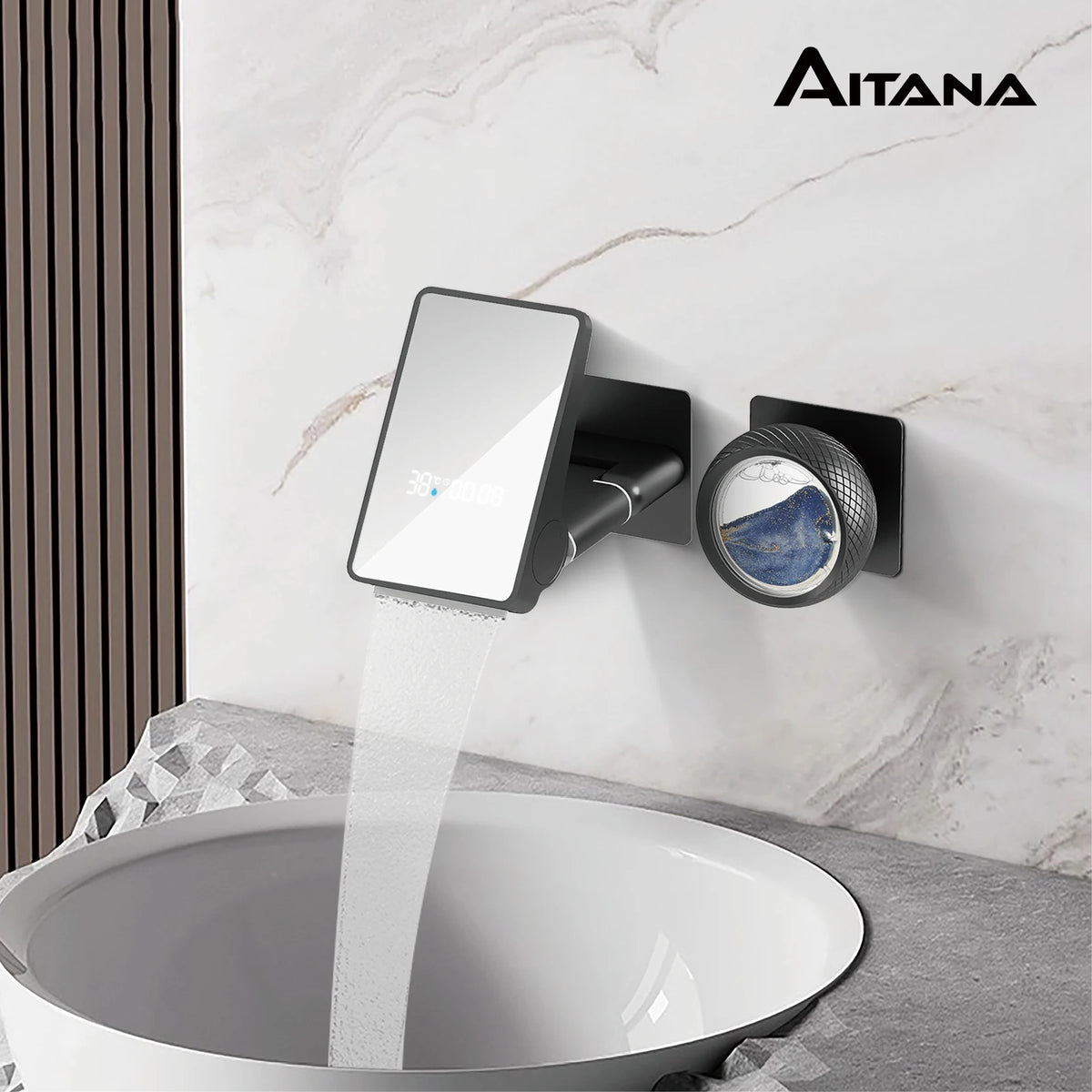 Minimalist black brass LED digital display wall mounted basin faucet with embedded hot&cold water 2-hole waterfall bathroom Tap