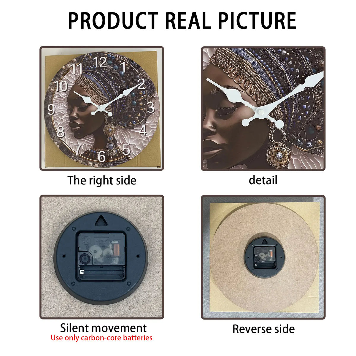A Unique Artistic African Tribal Woman Wooden Wall Clock for Living Room, Bedroom, Kitchen, Home Decoration, Silent Quartz Clock, Holiday Gift, 10 Inches, 12 Inches (No Battery)