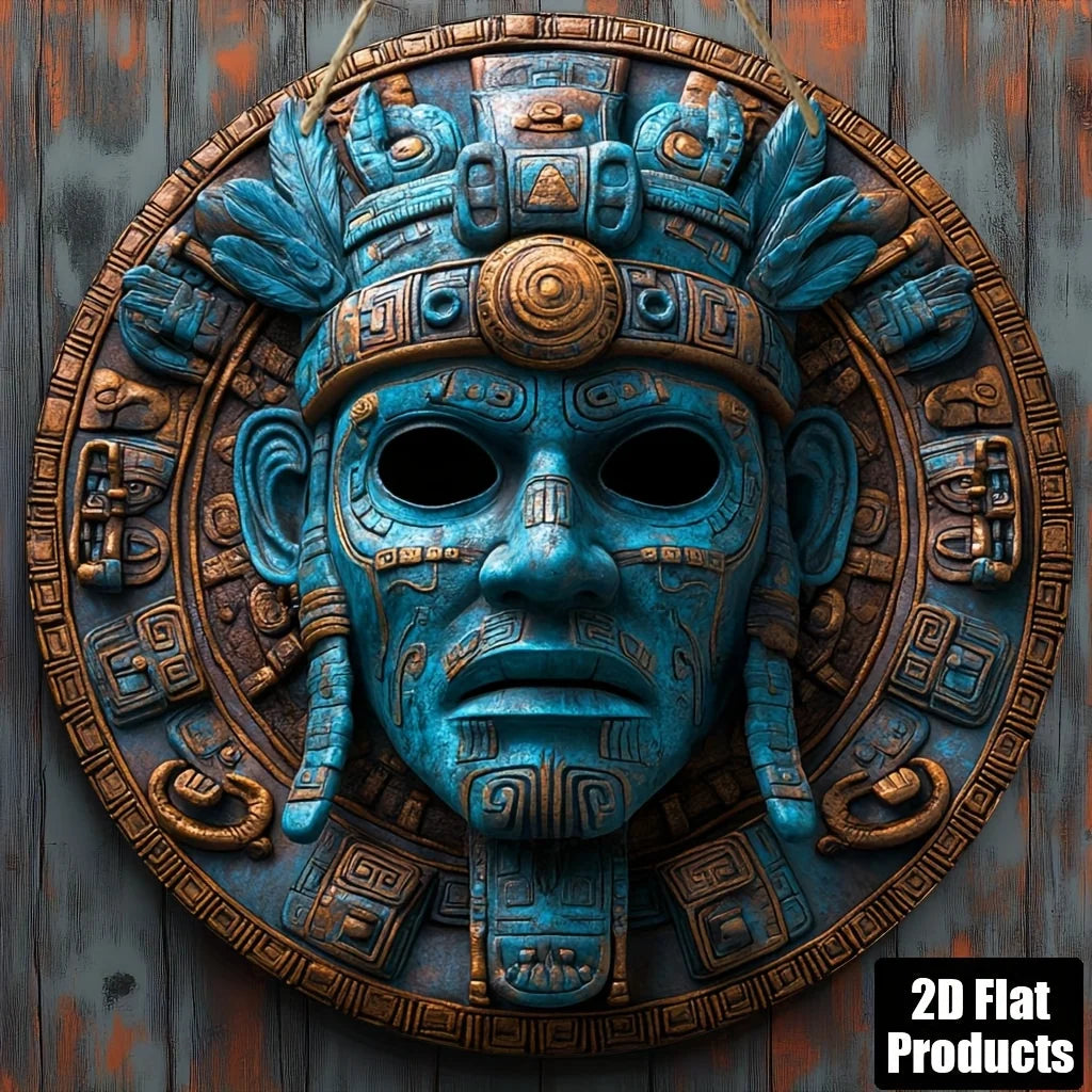 2D Flat, 1pc Vintage American Tribal Mask Wall Art - 8x8 Inch Round Wooden Decorative Sign with Blue & Brown Geometric Patterns,