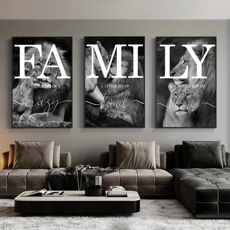 3pcs  Black And White Lion Family Quote Home Signs Canvas Paintings Animal Lion Wall Art Prints And Posters For Living Rooom