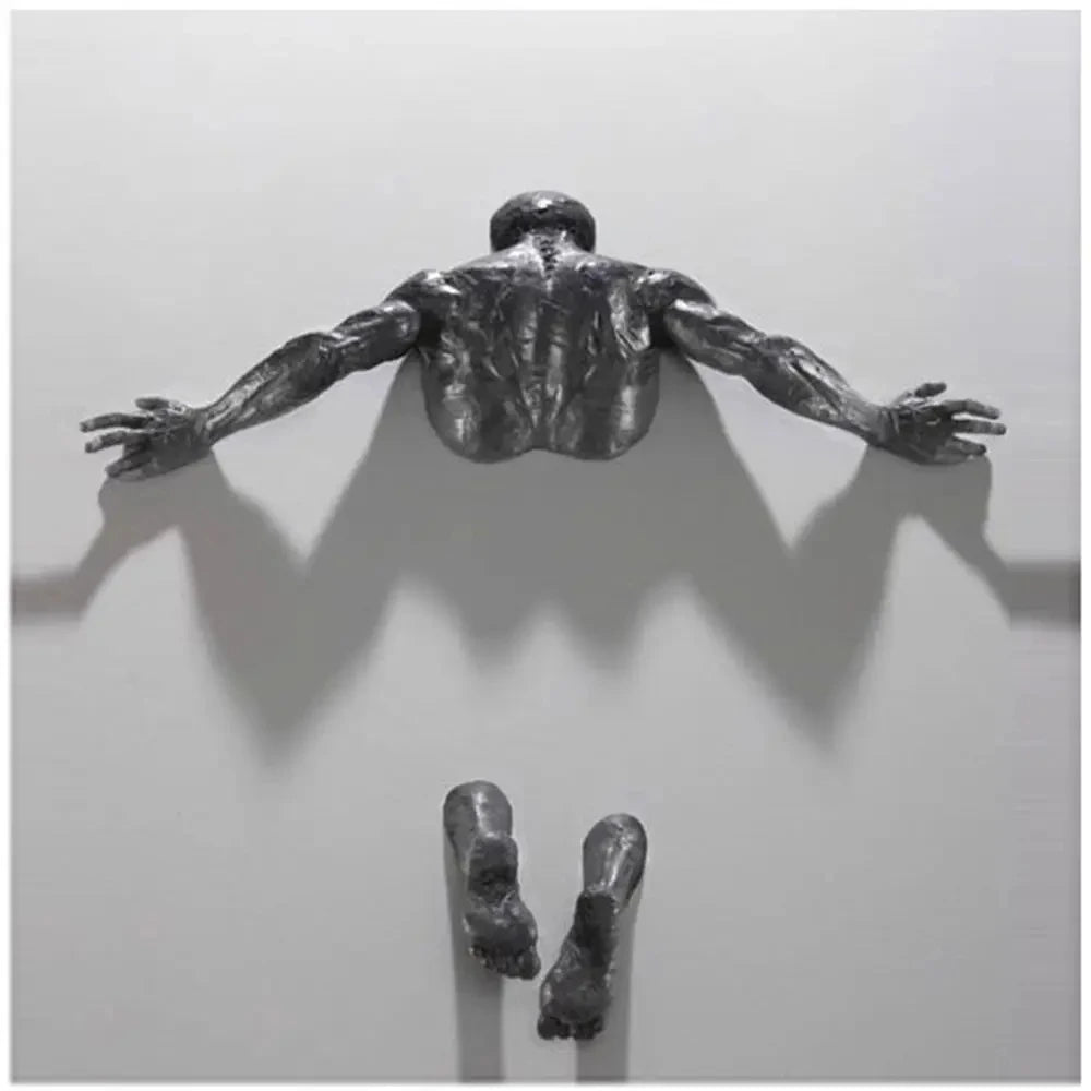 Imitation Copper Wall Decor Abstract Character Resin Rock Climbing Man Statue Sculpture Background Wall Art 3D Through Wall