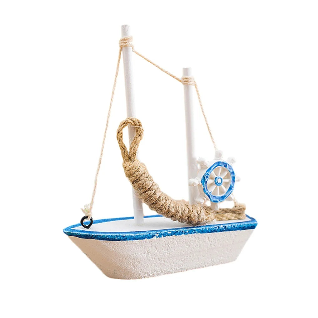 1pc Mini Mediterranean Style Marine Nautical Wooden Blue Sailing Boat Ship Wood Crafts Ornaments Party Room Home Decoration