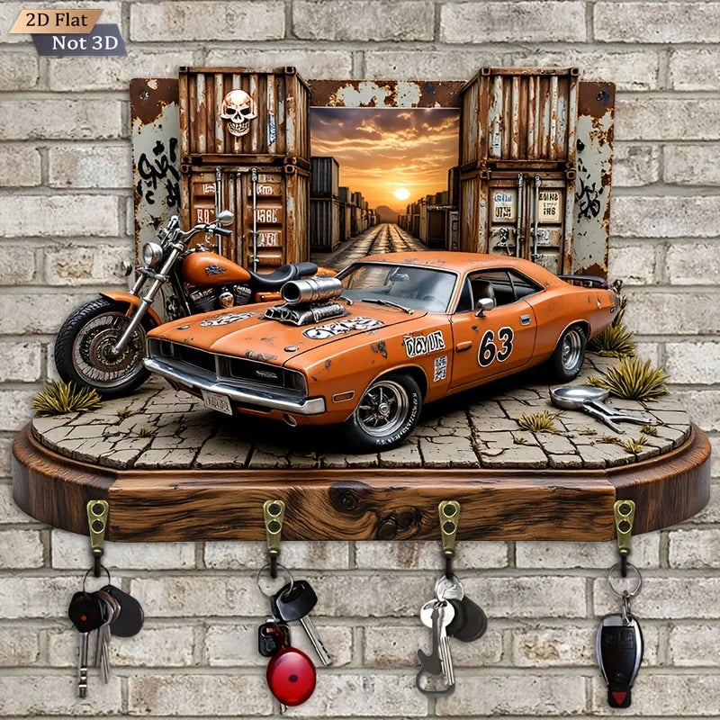 2D Flat. 1pc. American Muscle Car Motorcycle Hook- Wooden Multifunctional Decorative Rack with Four Metal Hooks, Wall