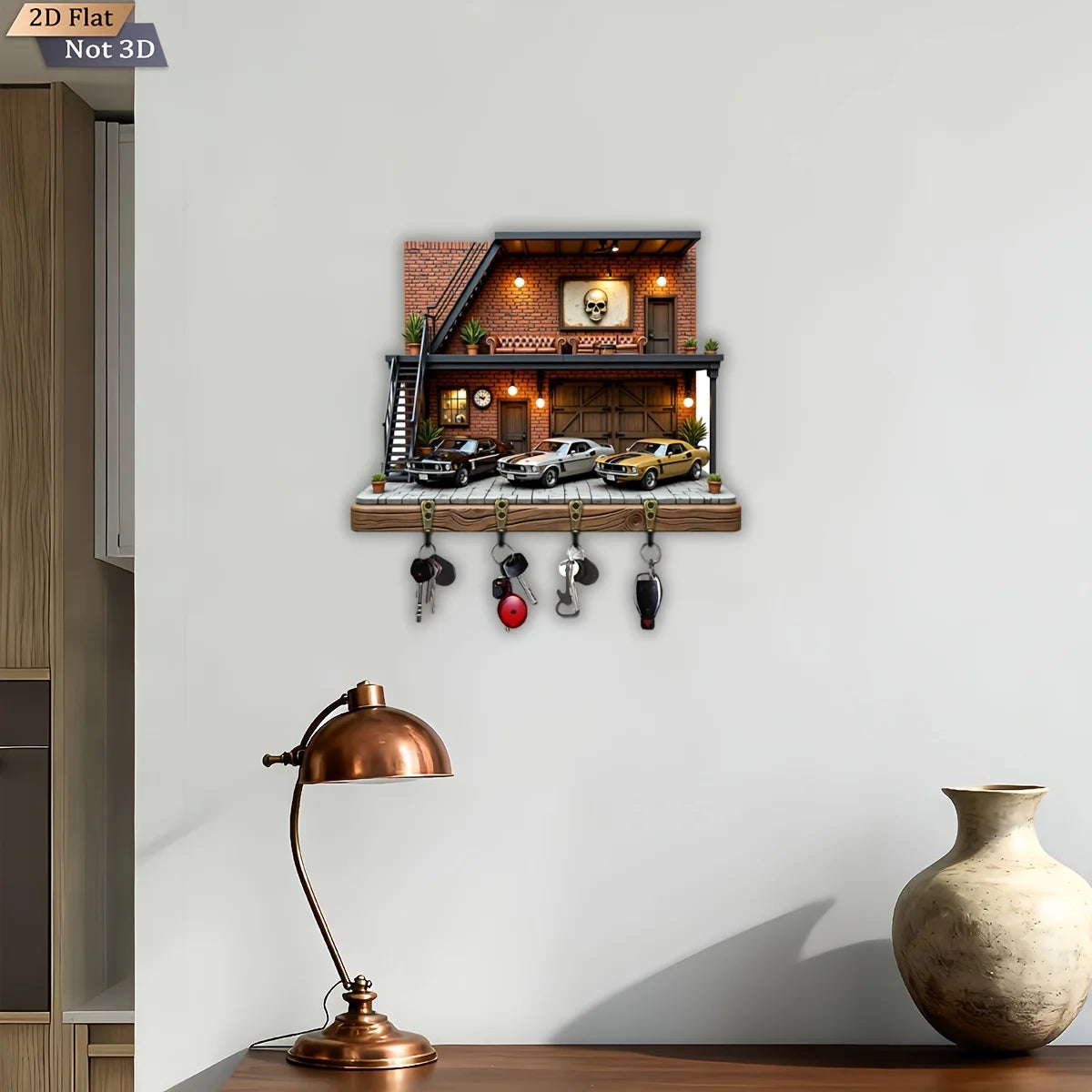 2D Flat, 1pc, American Retro Garage Theme Key Hook, Wooden Multifunctional Home Key Rack, with Four Metal Hooks, Wall