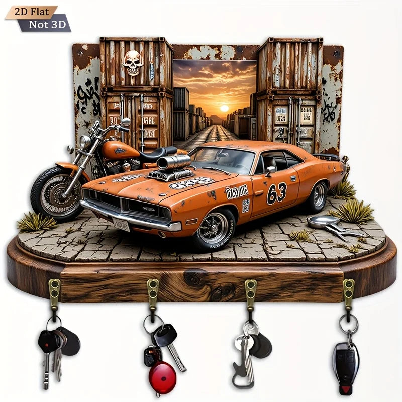 2D Flat. 1pc. American Muscle Car Motorcycle Hook- Wooden Multifunctional Decorative Rack with Four Metal Hooks, Wall