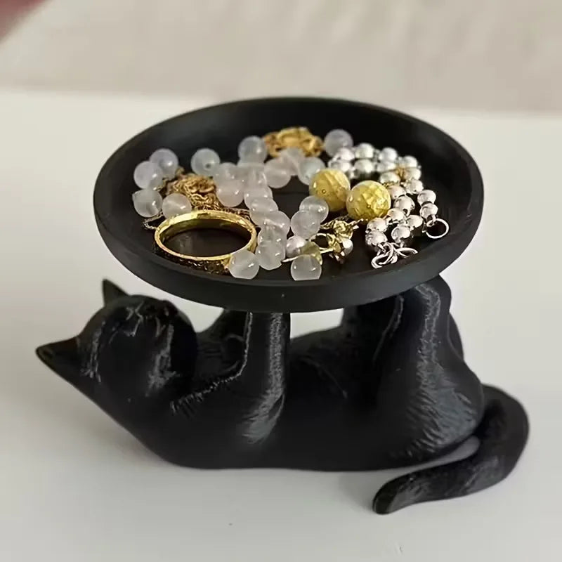 Cute Black Cat Jewelry Tray Holder | Creative Ring Dish Stand for Earrings Bracelets Storage | Desktop Organizer Gift for Women