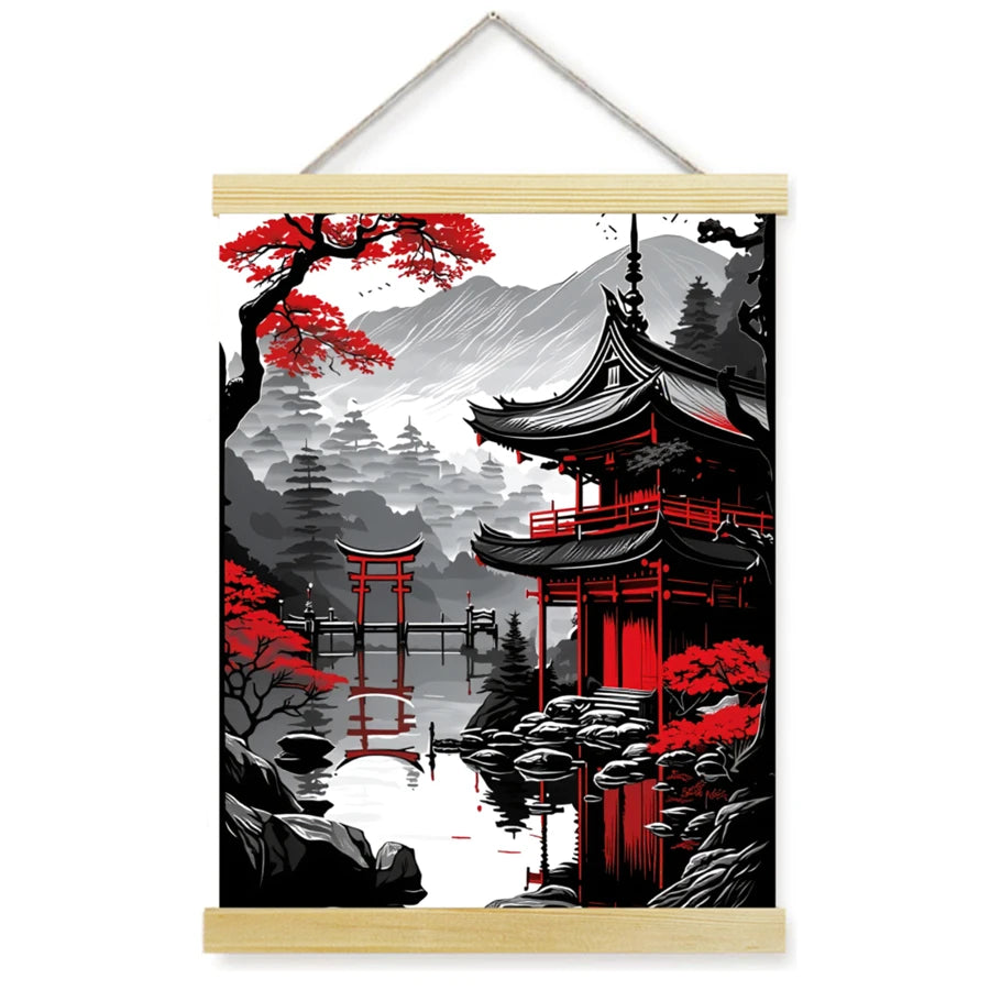 [2D Flat] 1pc Samurai and Dragon Canvas Art Print Scroll Japanese Warrior with Red Sun Motif Ideal for Home Office Easy to Hang