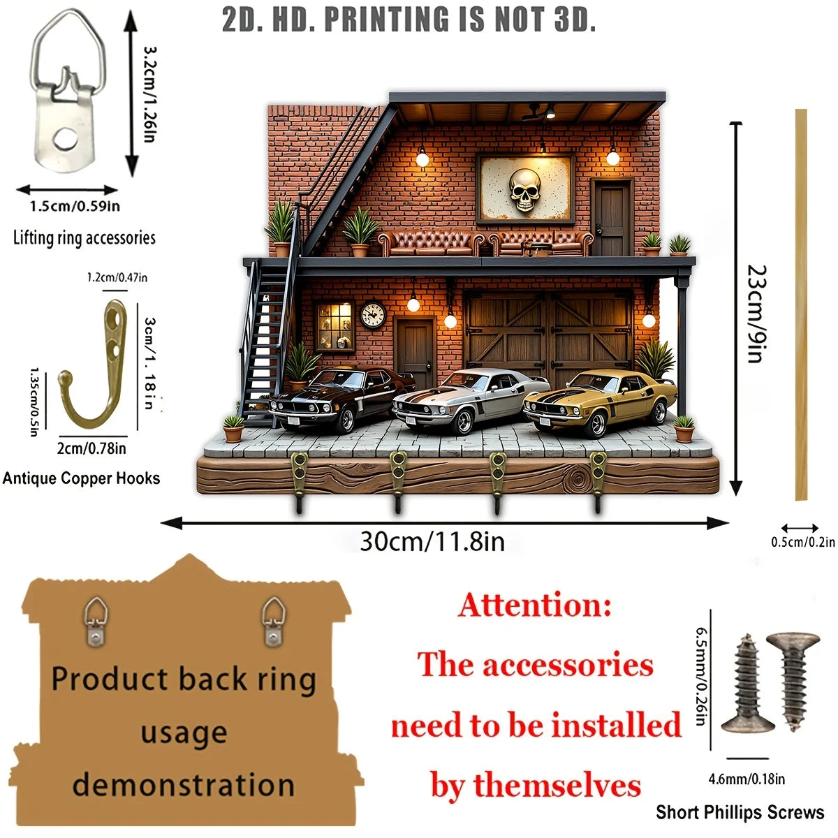 2D Flat, 1pc, American Retro Garage Theme Key Hook, Wooden Multifunctional Home Key Rack, with Four Metal Hooks, Wall