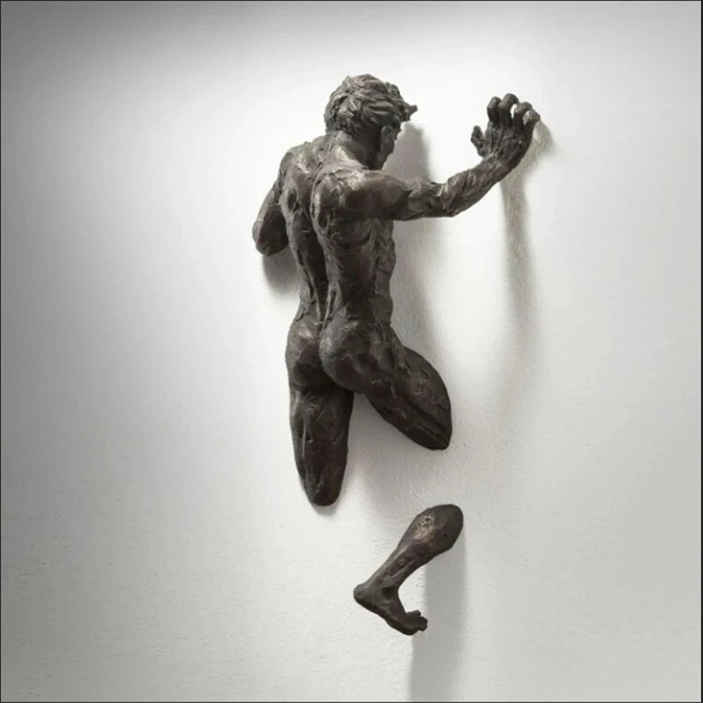 Imitation Copper Wall Decor Abstract Character Resin Rock Climbing Man Statue Sculpture Background Wall Art 3D Through Wall