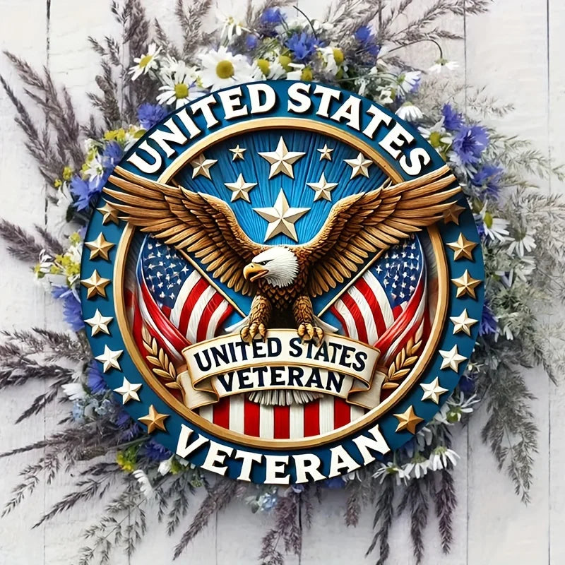 1pc United States Veteran Emblem, Round Iron Sign, Patriotic Eagle and American Flag Wall Decor for Home, Living Room, Doorway