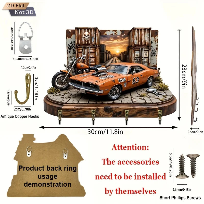 2D Flat. 1pc. American Muscle Car Motorcycle Hook- Wooden Multifunctional Decorative Rack with Four Metal Hooks, Wall