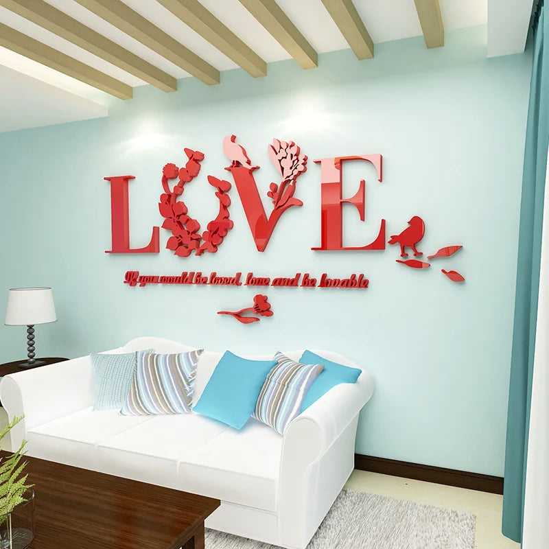 3D Acrylic Love Mirror Wall Sticker With Pink Purple TV Background Bedroom Living Room Sticker Wedding Room Home Decoration