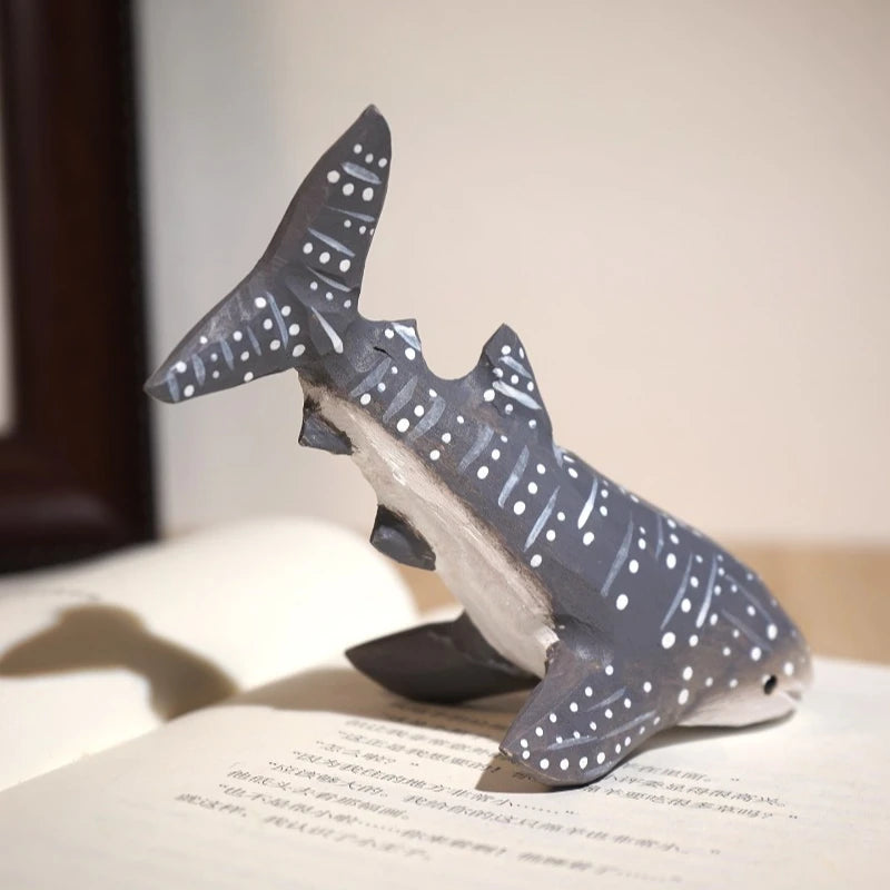 1 PC Gray Whale Shark Hand Carved Wood Statue Adorable Marine Creature Timber Crafted Patio Ornament Workspace Study Desk Decor