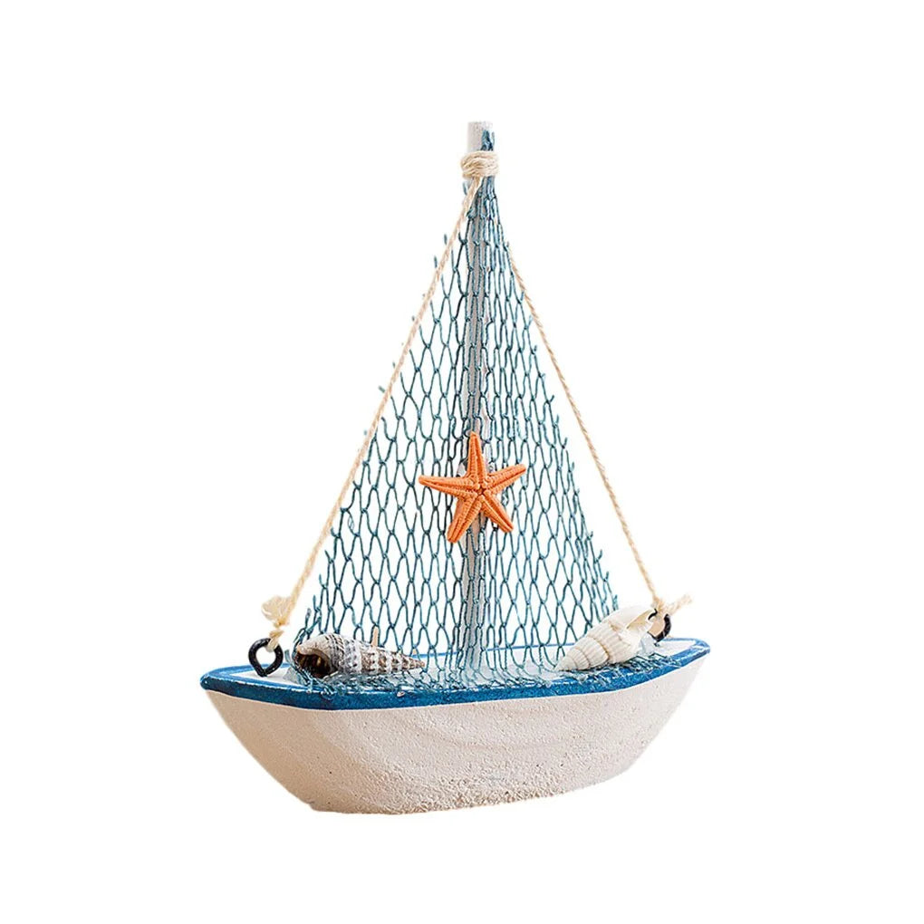 1pc Mini Mediterranean Style Marine Nautical Wooden Blue Sailing Boat Ship Wood Crafts Ornaments Party Room Home Decoration