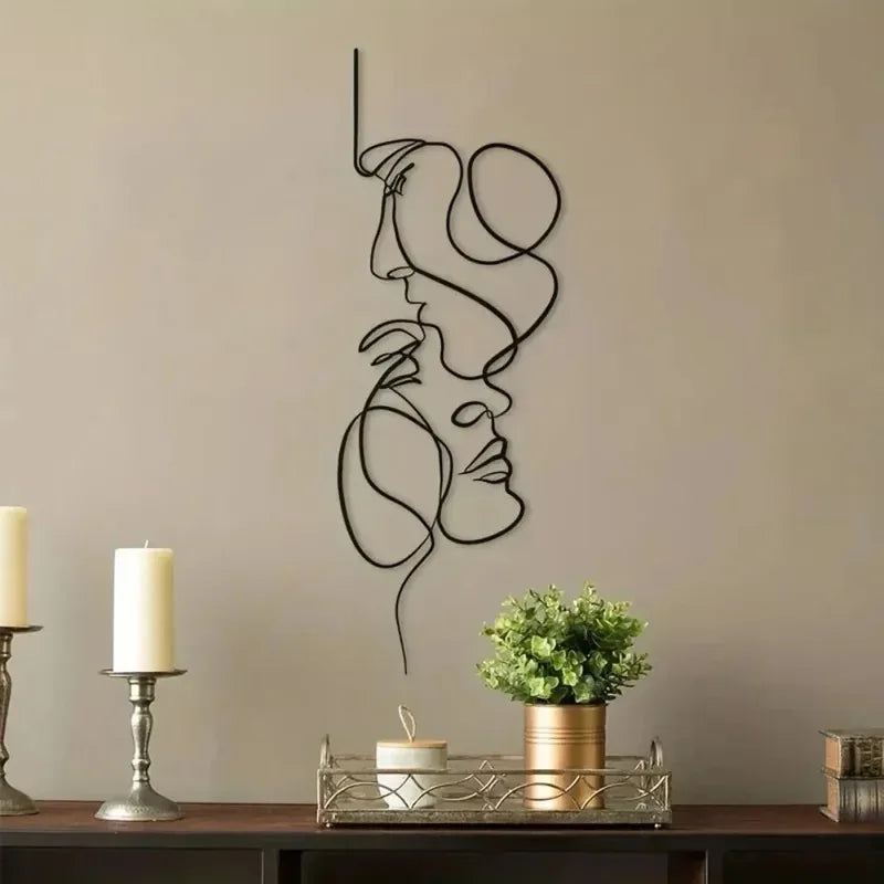 New Metal Wall Art Minimalist - Facial Line Wall Decor, Abstract Black Iron Sculpture for Modern Home Hanging Decor