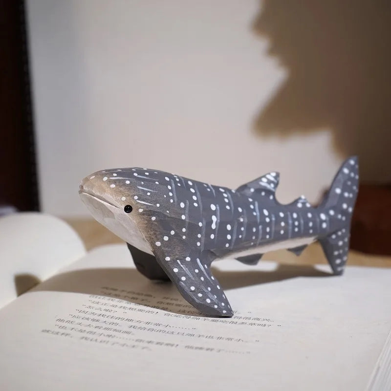 1 PC Gray Whale Shark Hand Carved Wood Statue Adorable Marine Creature Timber Crafted Patio Ornament Workspace Study Desk Decor