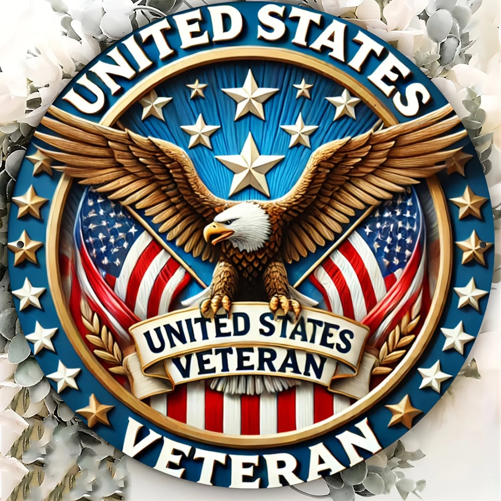 1pc United States Veteran Emblem, Round Iron Sign, Patriotic Eagle and American Flag Wall Decor for Home, Living Room, Doorway