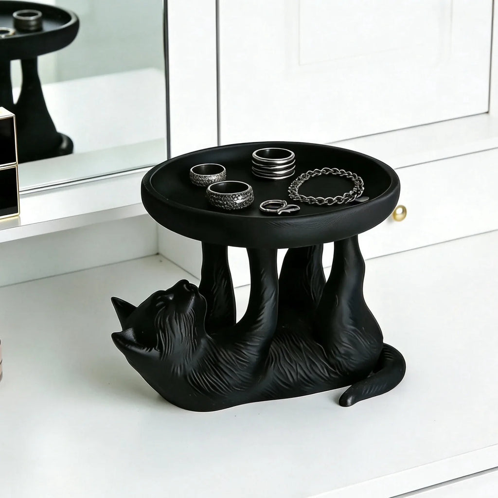 Cute Black Cat Jewelry Tray Holder | Creative Ring Dish Stand for Earrings Bracelets Storage | Desktop Organizer Gift for Women