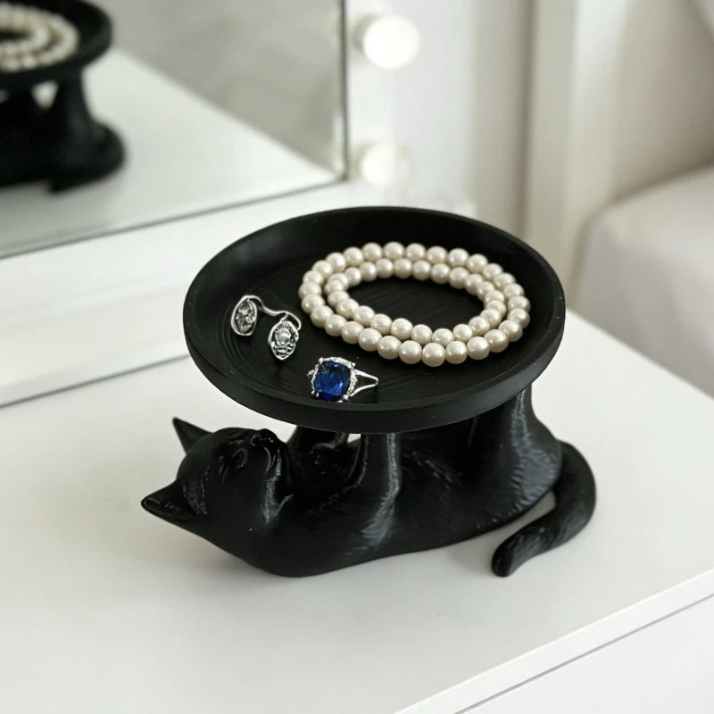 Cute Black Cat Jewelry Tray Holder | Creative Ring Dish Stand for Earrings Bracelets Storage | Desktop Organizer Gift for Women