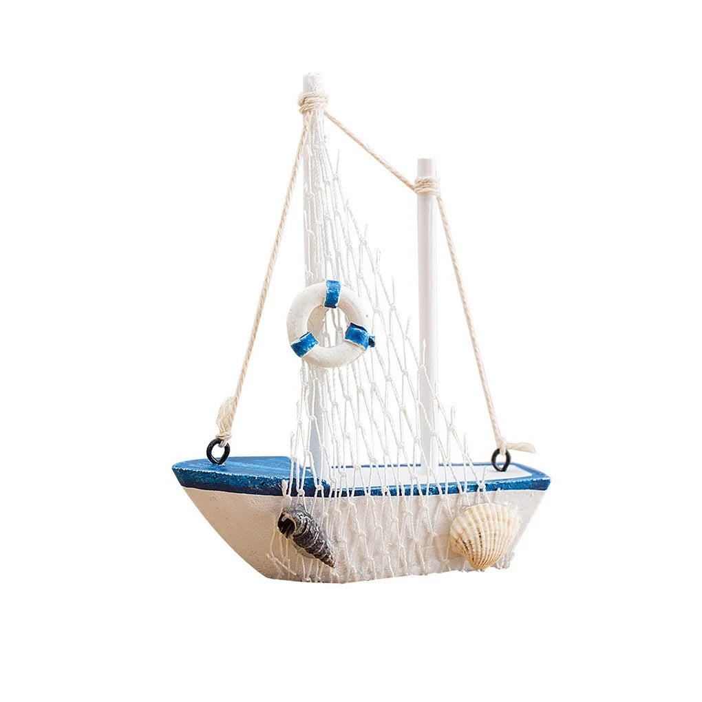 1pc Mini Mediterranean Style Marine Nautical Wooden Blue Sailing Boat Ship Wood Crafts Ornaments Party Room Home Decoration
