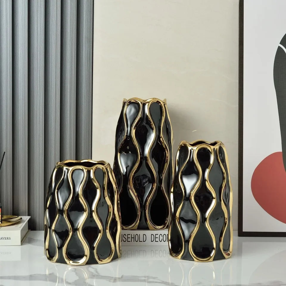Black White Electroplated Ceramic Vase Modern Home Living Room Decoration Ornaments Flower Arrangement Dried Flower Golden Vase