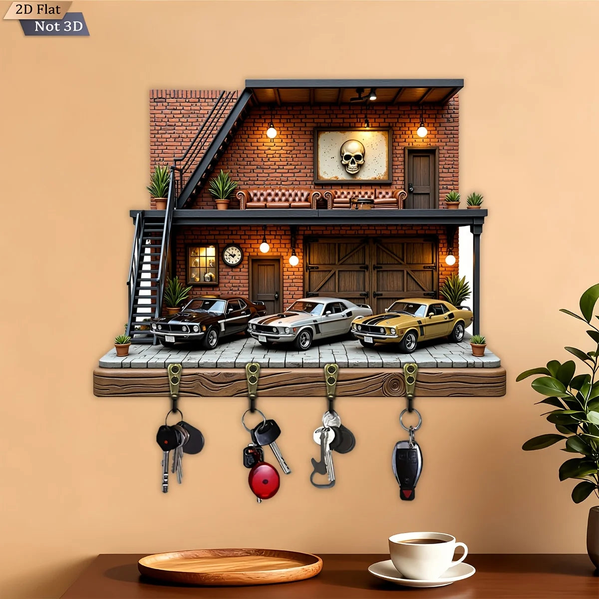 2D Flat, 1pc, American Retro Garage Theme Key Hook, Wooden Multifunctional Home Key Rack, with Four Metal Hooks, Wall