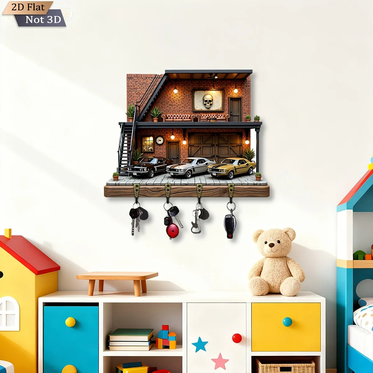 2D Flat, 1pc, American Retro Garage Theme Key Hook, Wooden Multifunctional Home Key Rack, with Four Metal Hooks, Wall
