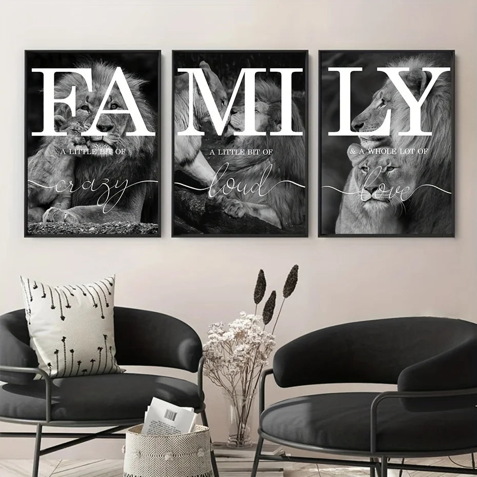3pcs  Black And White Lion Family Quote Home Signs Canvas Paintings Animal Lion Wall Art Prints And Posters For Living Rooom