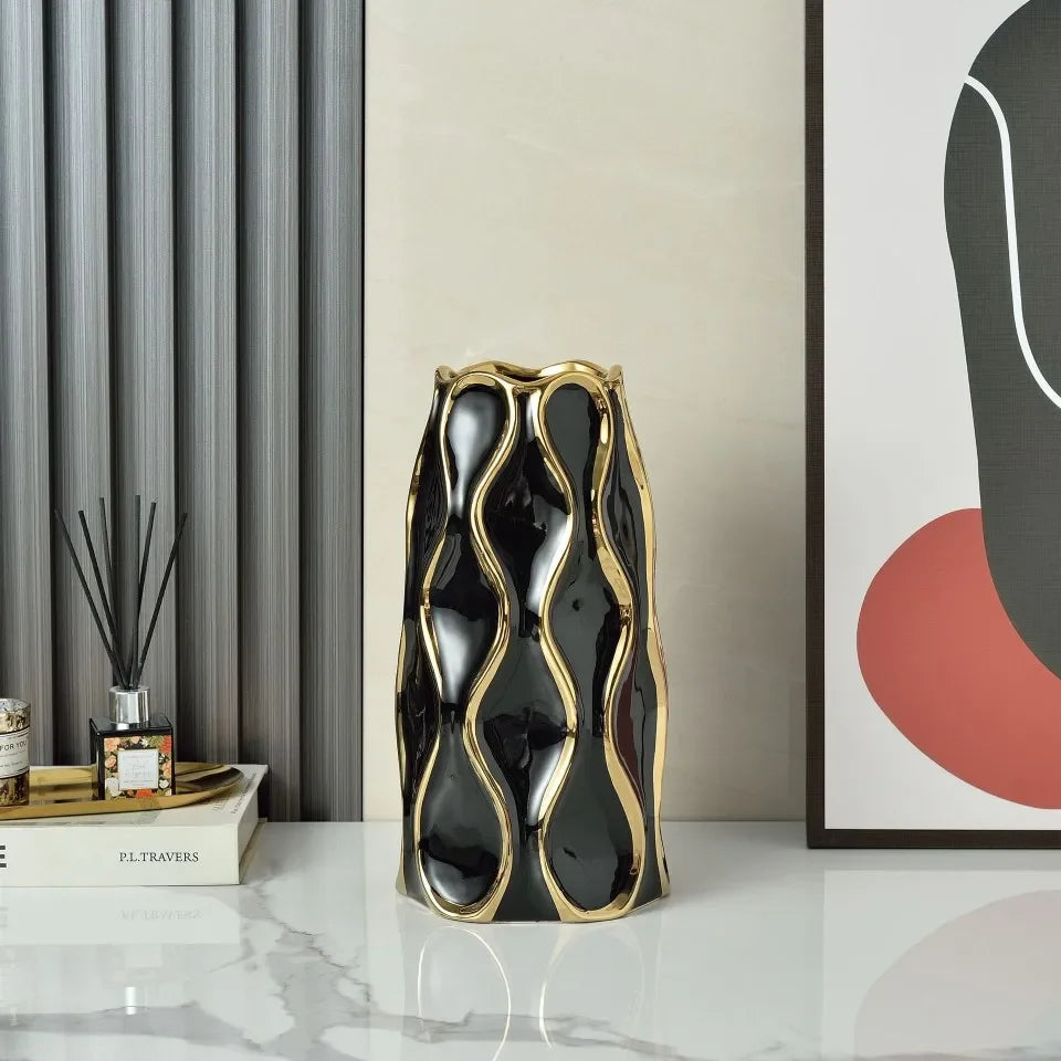 Black White Electroplated Ceramic Vase Modern Home Living Room Decoration Ornaments Flower Arrangement Dried Flower Golden Vase