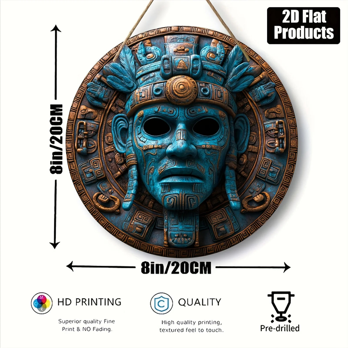 2D Flat, 1pc Vintage American Tribal Mask Wall Art - 8x8 Inch Round Wooden Decorative Sign with Blue & Brown Geometric Patterns,