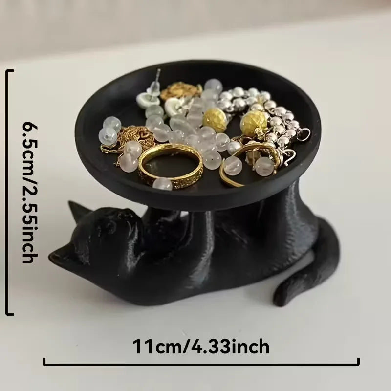 Cute Black Cat Jewelry Tray Holder | Creative Ring Dish Stand for Earrings Bracelets Storage | Desktop Organizer Gift for Women