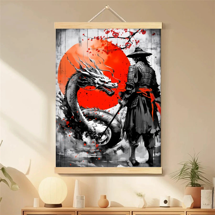 [2D Flat] 1pc Samurai and Dragon Canvas Art Print Scroll Japanese Warrior with Red Sun Motif Ideal for Home Office Easy to Hang