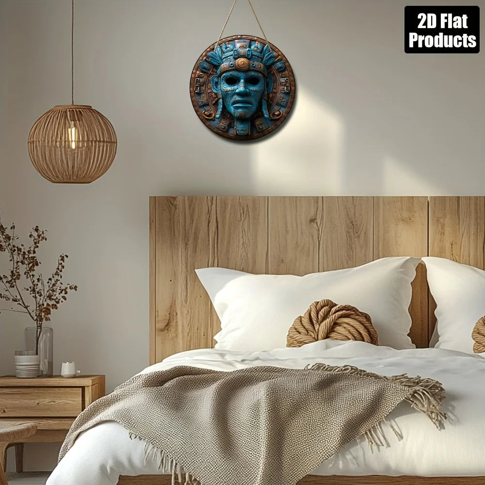 2D Flat, 1pc Vintage American Tribal Mask Wall Art - 8x8 Inch Round Wooden Decorative Sign with Blue & Brown Geometric Patterns,