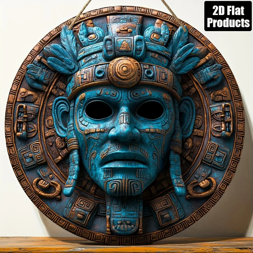 2D Flat, 1pc Vintage American Tribal Mask Wall Art - 8x8 Inch Round Wooden Decorative Sign with Blue & Brown Geometric Patterns,