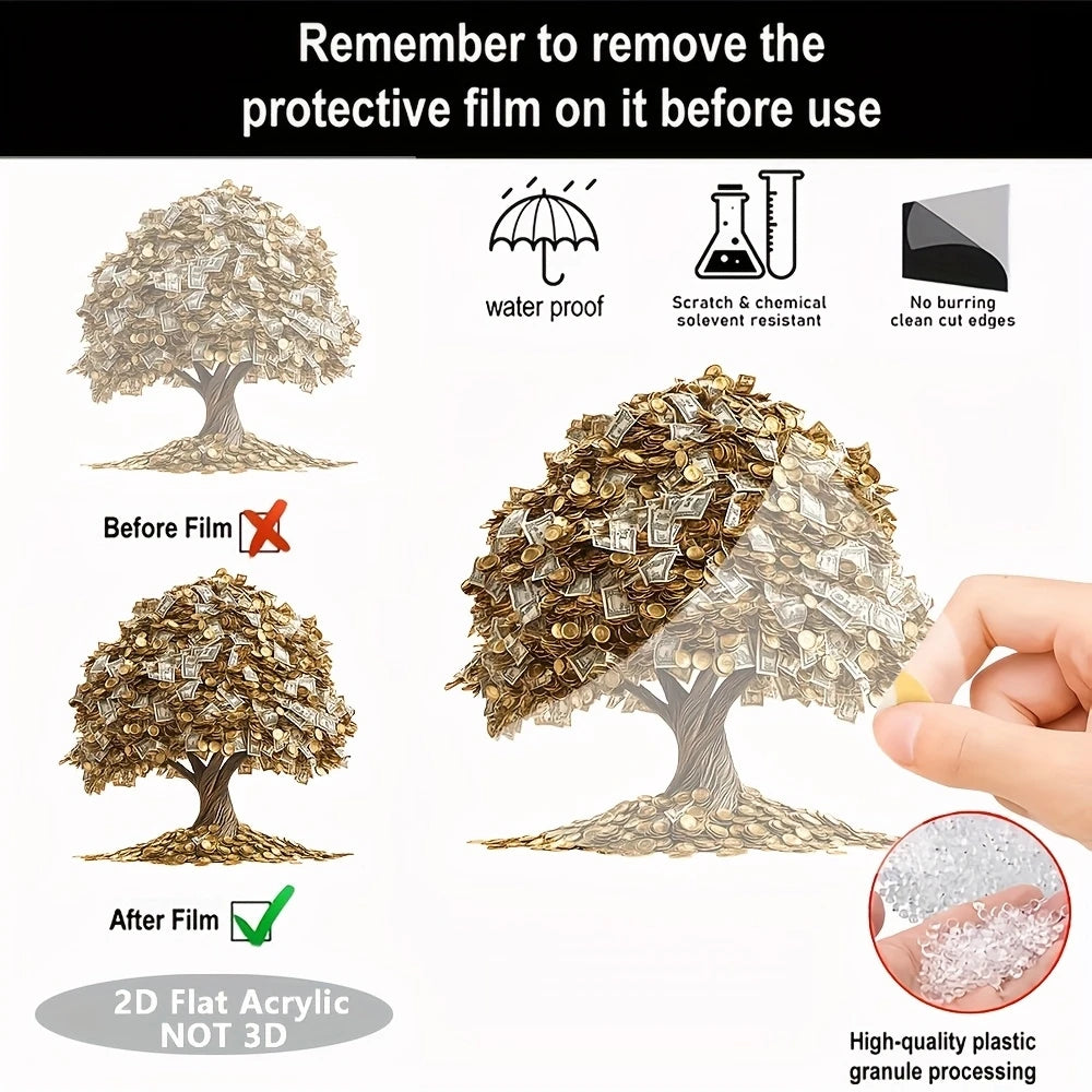 8in Acrylic 2D Make a Fortune Tree Ornament Gold Coins Banknotes Decora Lucky Charm Office Essential Making Money Gift Decor