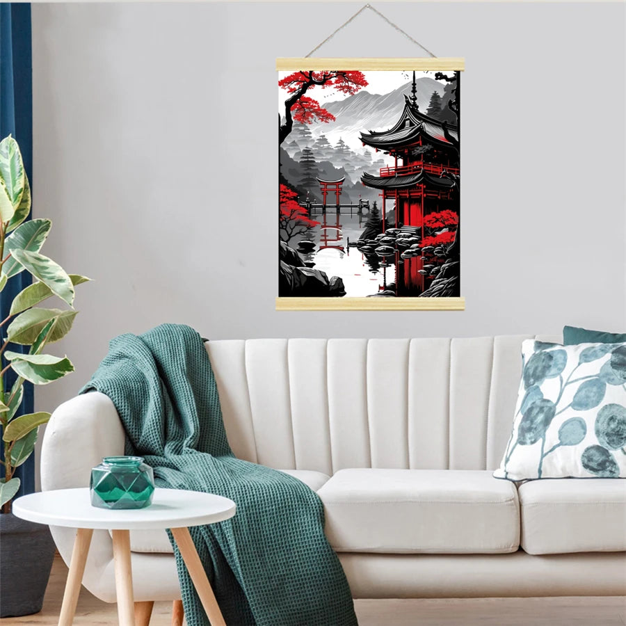 [2D Flat] 1pc Samurai and Dragon Canvas Art Print Scroll Japanese Warrior with Red Sun Motif Ideal for Home Office Easy to Hang