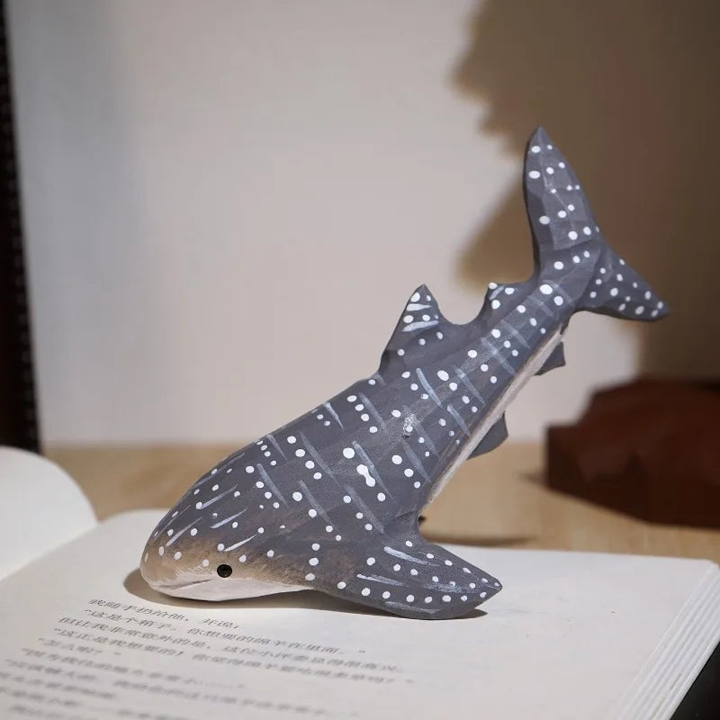 1 PC Gray Whale Shark Hand Carved Wood Statue Adorable Marine Creature Timber Crafted Patio Ornament Workspace Study Desk Decor