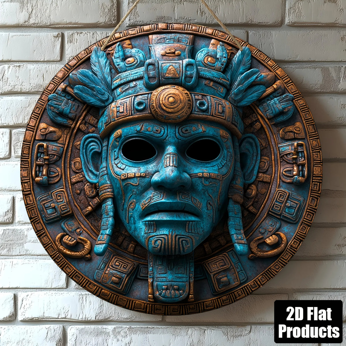 2D Flat, 1pc Vintage American Tribal Mask Wall Art - 8x8 Inch Round Wooden Decorative Sign with Blue & Brown Geometric Patterns,