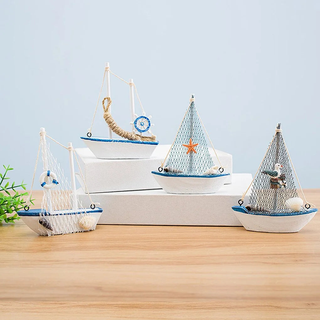 1pc Mini Mediterranean Style Marine Nautical Wooden Blue Sailing Boat Ship Wood Crafts Ornaments Party Room Home Decoration