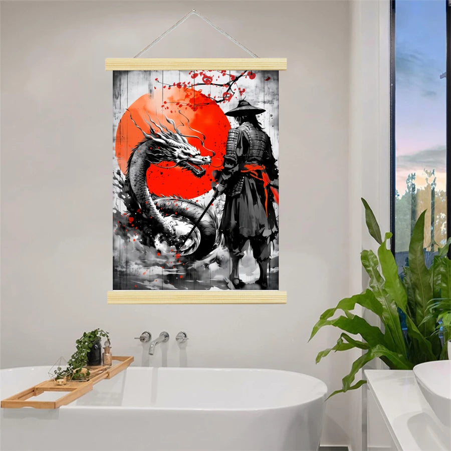 [2D Flat] 1pc Samurai and Dragon Canvas Art Print Scroll Japanese Warrior with Red Sun Motif Ideal for Home Office Easy to Hang