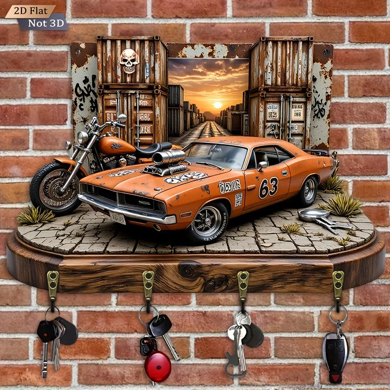 2D Flat. 1pc. American Muscle Car Motorcycle Hook- Wooden Multifunctional Decorative Rack with Four Metal Hooks, Wall