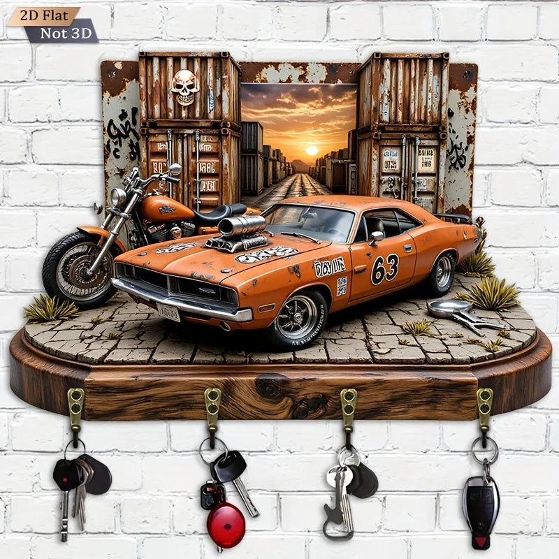 2D Flat. 1pc. American Muscle Car Motorcycle Hook- Wooden Multifunctional Decorative Rack with Four Metal Hooks, Wall