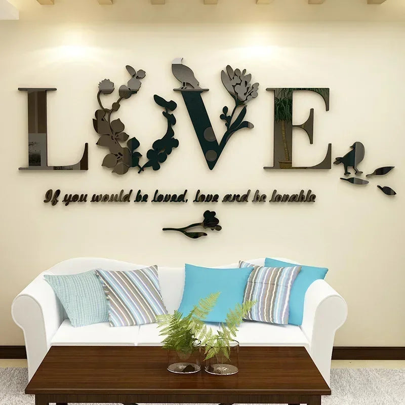 3D Acrylic Love Mirror Wall Sticker With Pink Purple TV Background Bedroom Living Room Sticker Wedding Room Home Decoration