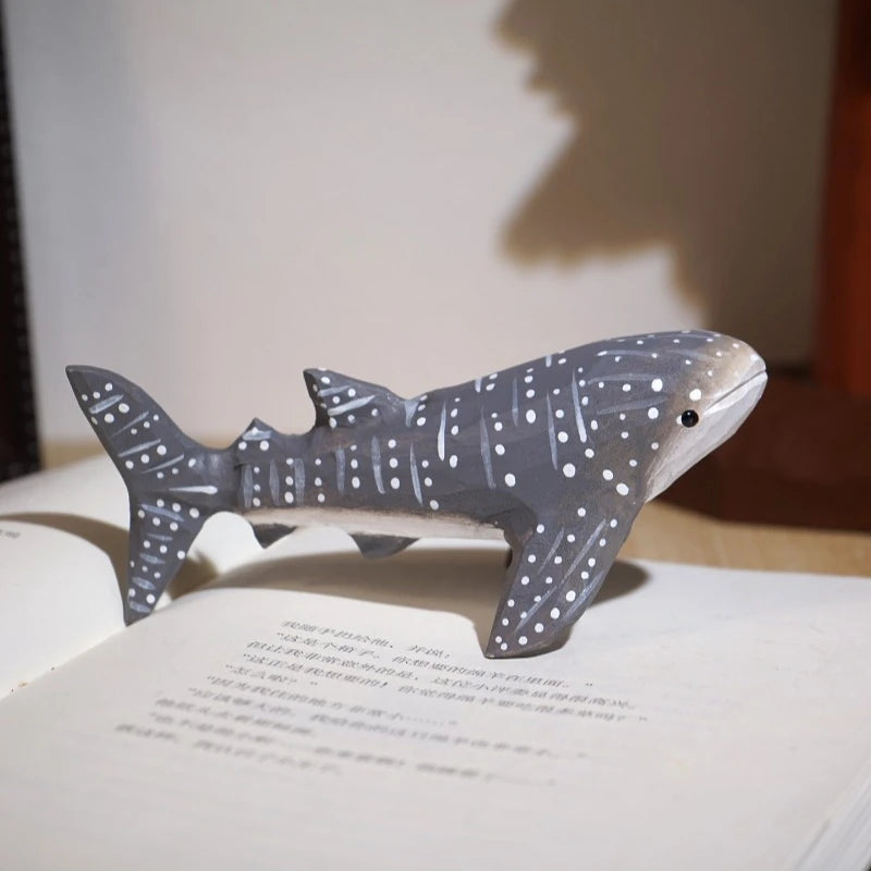 1 PC Gray Whale Shark Hand Carved Wood Statue Adorable Marine Creature Timber Crafted Patio Ornament Workspace Study Desk Decor