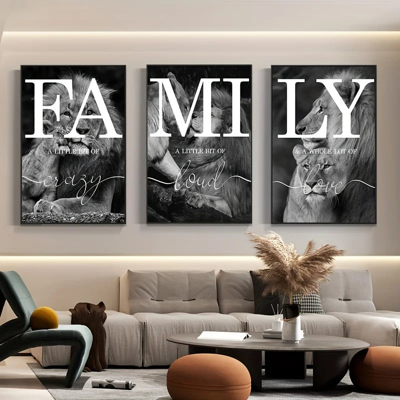 3pcs  Black And White Lion Family Quote Home Signs Canvas Paintings Animal Lion Wall Art Prints And Posters For Living Rooom