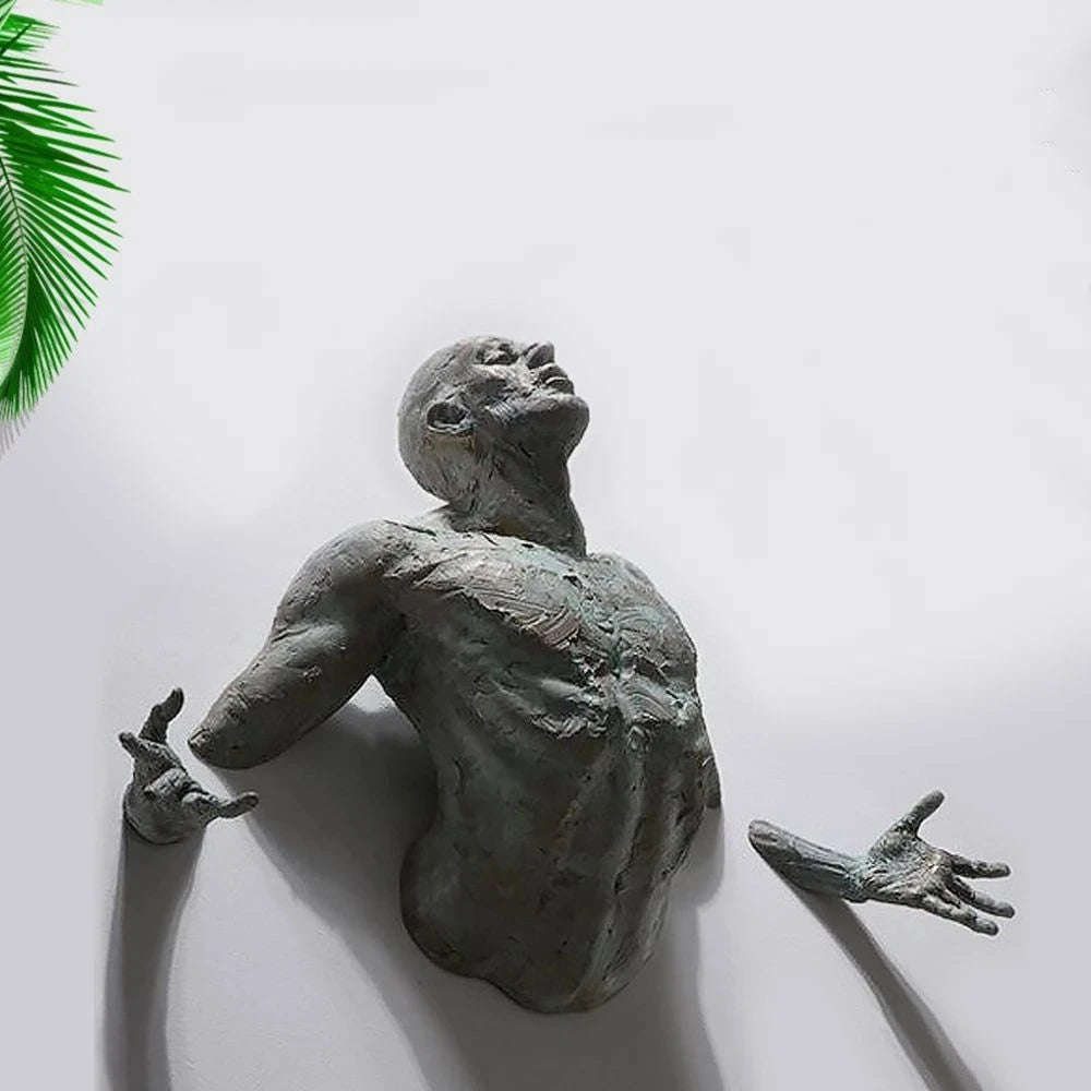 Imitation Copper Wall Decor Abstract Character Resin Rock Climbing Man Statue Sculpture Background Wall Art 3D Through Wall
