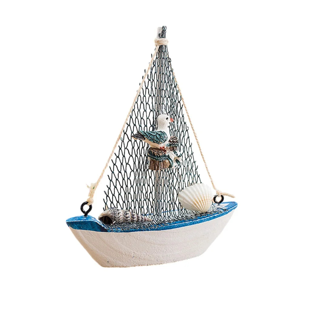 1pc Mini Mediterranean Style Marine Nautical Wooden Blue Sailing Boat Ship Wood Crafts Ornaments Party Room Home Decoration