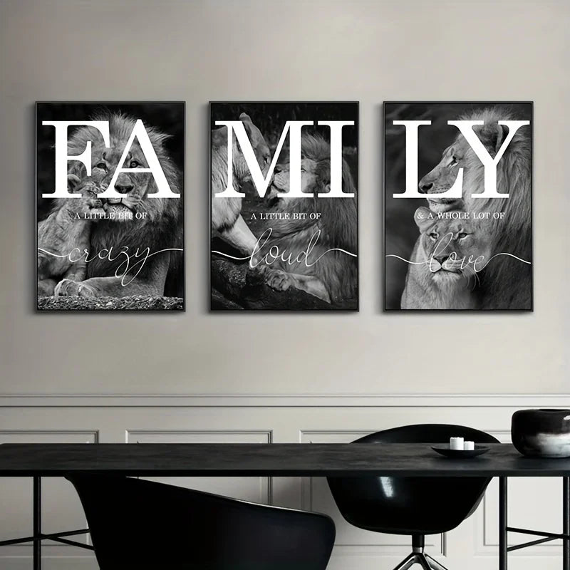 3pcs  Black And White Lion Family Quote Home Signs Canvas Paintings Animal Lion Wall Art Prints And Posters For Living Rooom